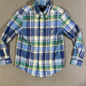Polo Ralph Lauren Boys Button Down Shirt Plaid Blue Green Yellow Casual‎